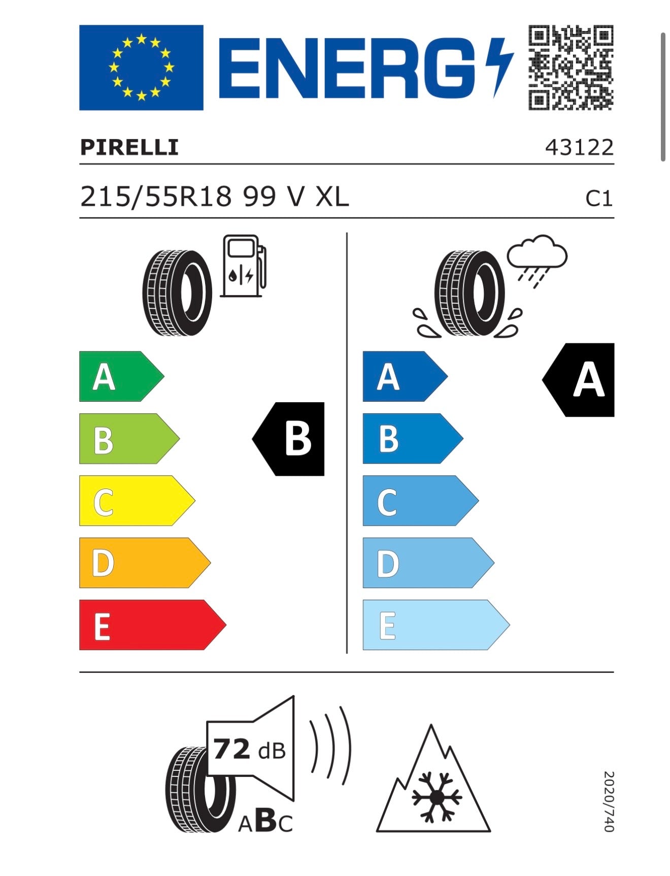 Etichetta EU Pirelli All Season SF 3 215/55R18 - efficienza B aderenza A 72dB 3PMSF