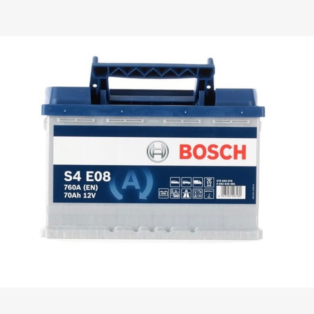 Batteria Bosch S4 E08 EFN 12V 70Ah 760A - vista frontale con etichetta