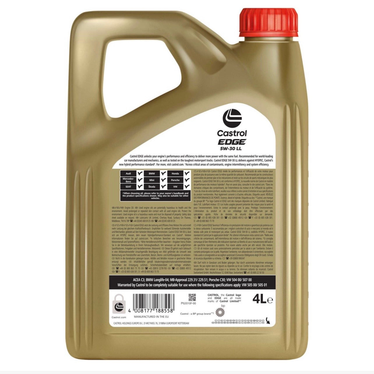Castrol EDGE 5W-30 LL 4L - vista posteriore con specifiche tecniche e EAN