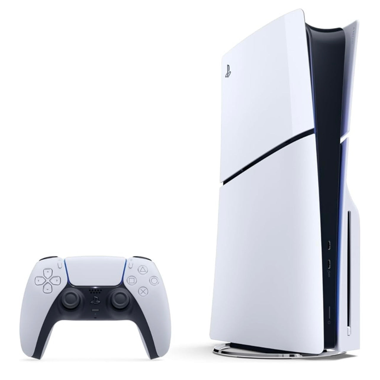 Sony PlayStation 5 Slim Disk 1TB Bianca – vista frontale con DualSense
