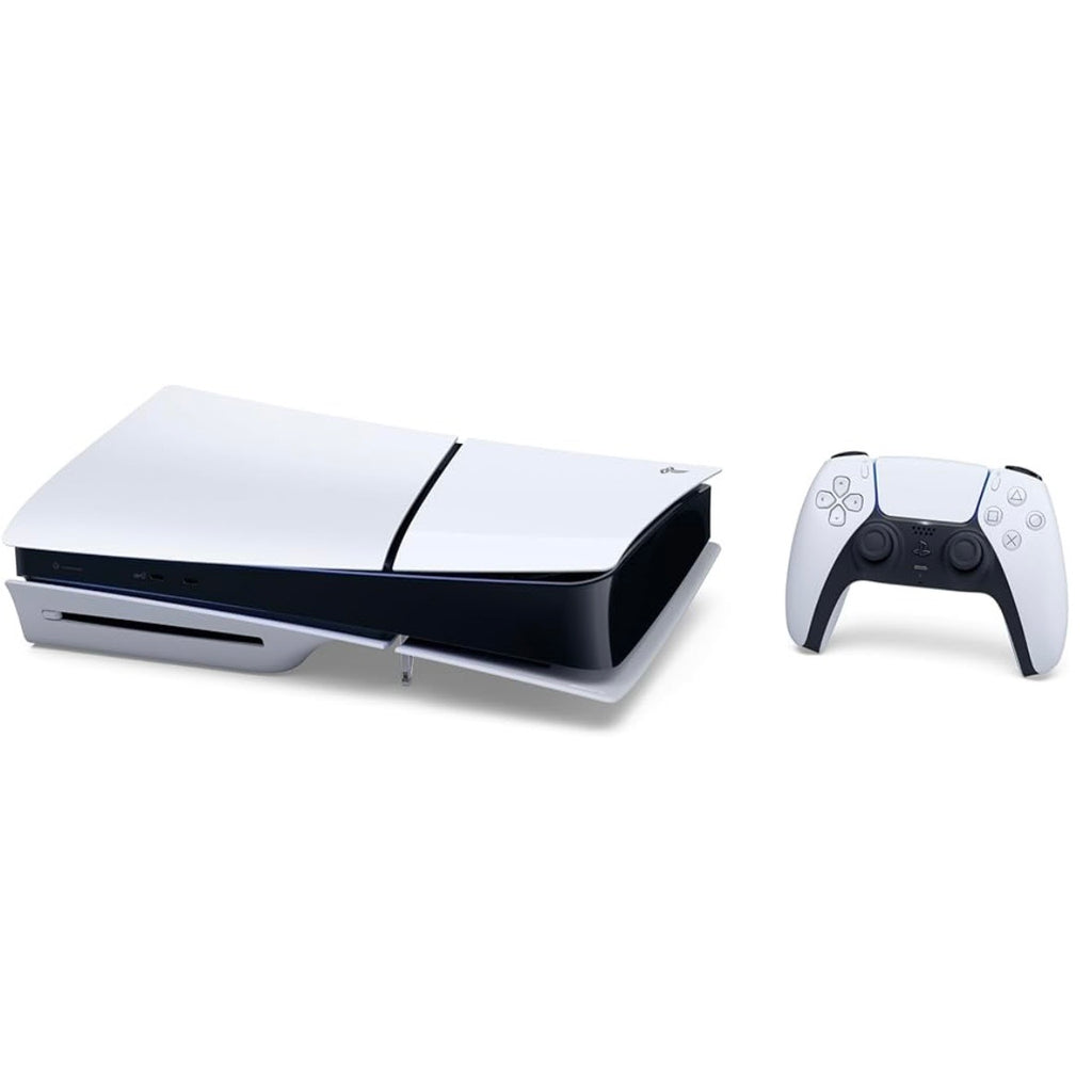 Sony PlayStation 5 Slim Disk 1TB Bianca – vista orizzontale con DualSense