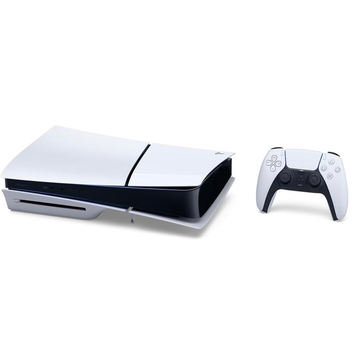 Sony PlayStation 5 Slim Disk 1TB Bianca – vista orizzontale con DualSense